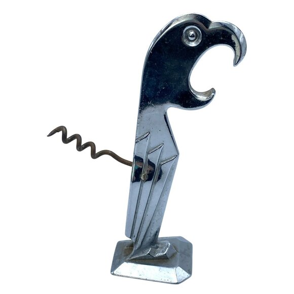 Vintage Art Deco Bottle Opener Corkscrew Barware Chrome Negbaur Parrot Retro Bar - Picture 2 of 8